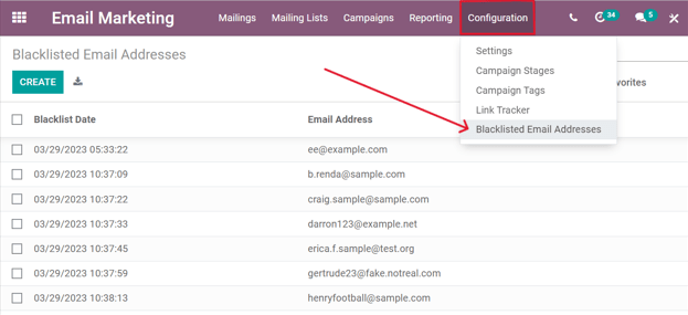 Xem trang địa chỉ email trong danh sách đen trong tiếp thị email Odoo. 