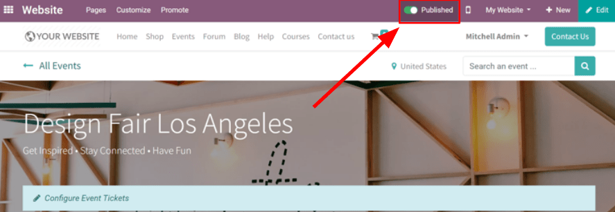 Xem một trang web và tùy chọn xuất bản sự kiện trong các sự kiện Odoo. 