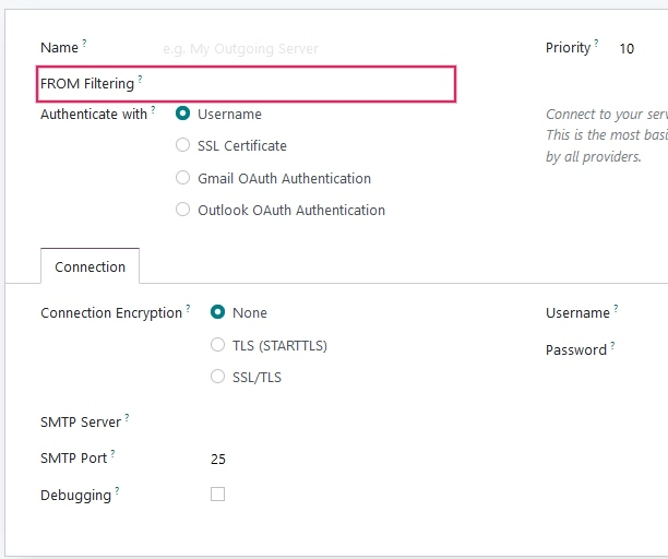 Cài đặt máy chủ email đi và cài đặt từ bộ lọc. 