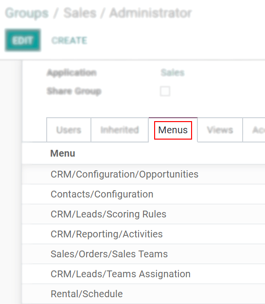 Quan điểm của một nhóm hình thức nhấn mạnh các menu tab trong Odoo 