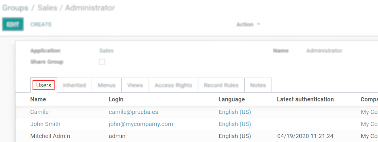Quan điểm của một nhóm hình thức nhấn mạnh người dùng tab trong Odoo 