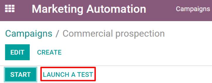 Khởi chạy một nút thử nghiệm trong tự động hóa Odoo Marketing. 