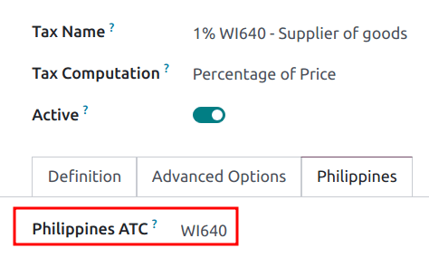 Trường mã ATC Philippines đặt trên thuế.