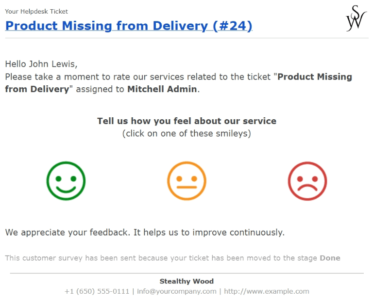 Xem một mẫu email đánh giá khách hàng trợ giúp tiêu chuẩn cho Odoo Helpdesk. 