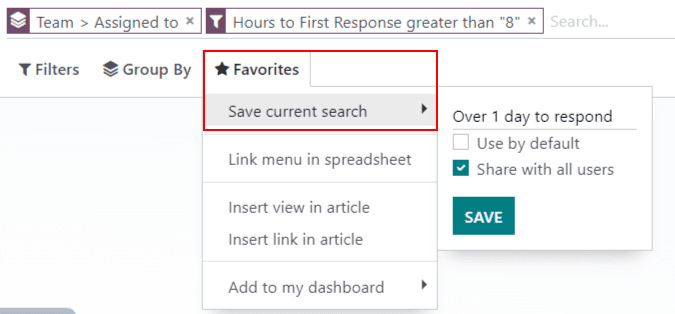 Chế độ xem tùy chọn Save Favorites trong Odoo Helpdesk. 