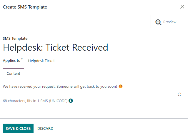 Xem trang Cài đặt mẫu SMS trong Odoo Helpdesk 